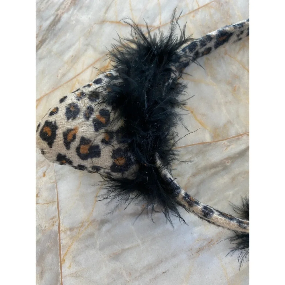 Leopard Print Cat Ear Headband with Black Marabou Feather Trim Costume Accessory